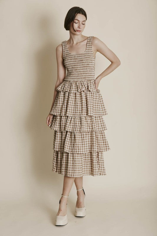 Aureum CELESTE Gingham Tiered Smock Midi Dress