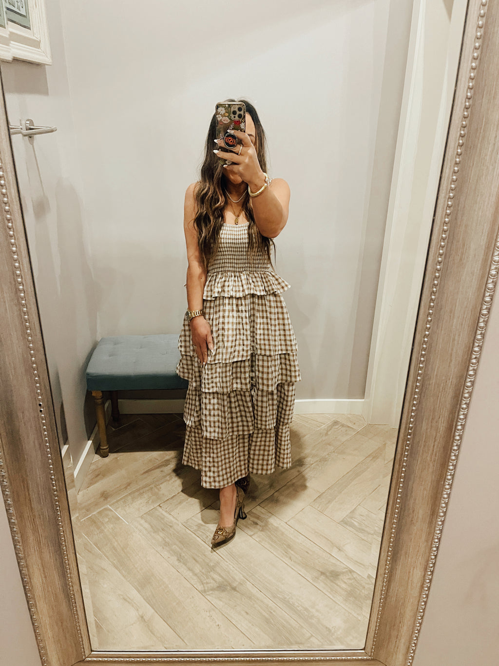 Aureum CELESTE Gingham Tiered Smock Midi Dress
