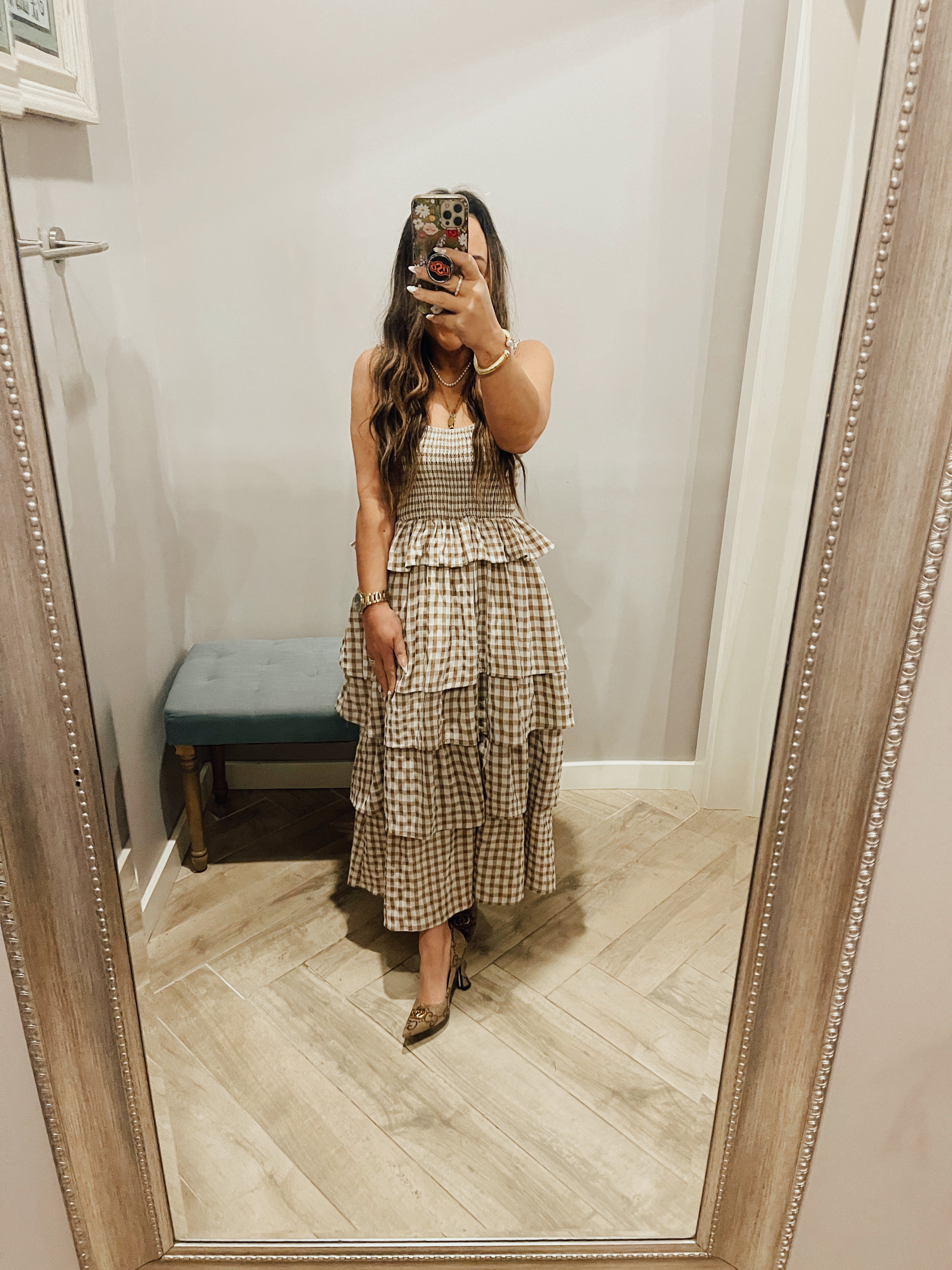 Aureum CELESTE Gingham Tiered Smock Midi Dress