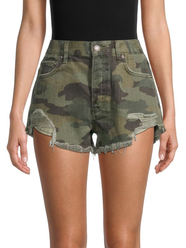 FREE PEOPLE Camo Print LOVING GOOD VIBRATIONS RawHem Denim Shorts