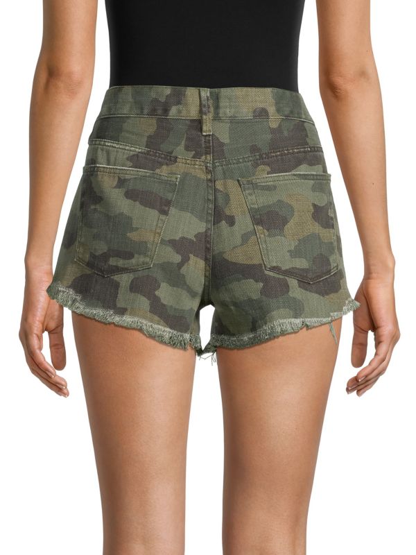 FREE PEOPLE Camo Print LOVING GOOD VIBRATIONS RawHem Denim Shorts