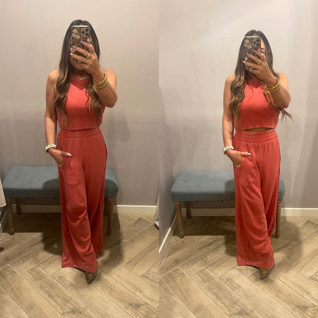 RISEN 2Piece HalterNeck RibMix WideLeg Pant Set