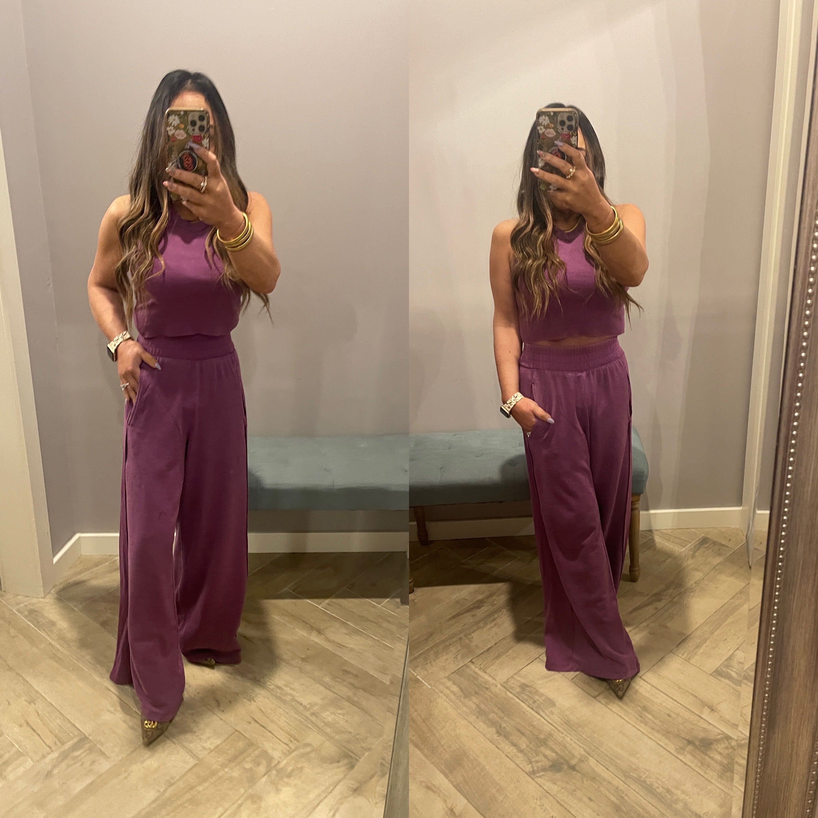 RISEN 2Piece HalterNeck RibMix WideLeg Pant Set