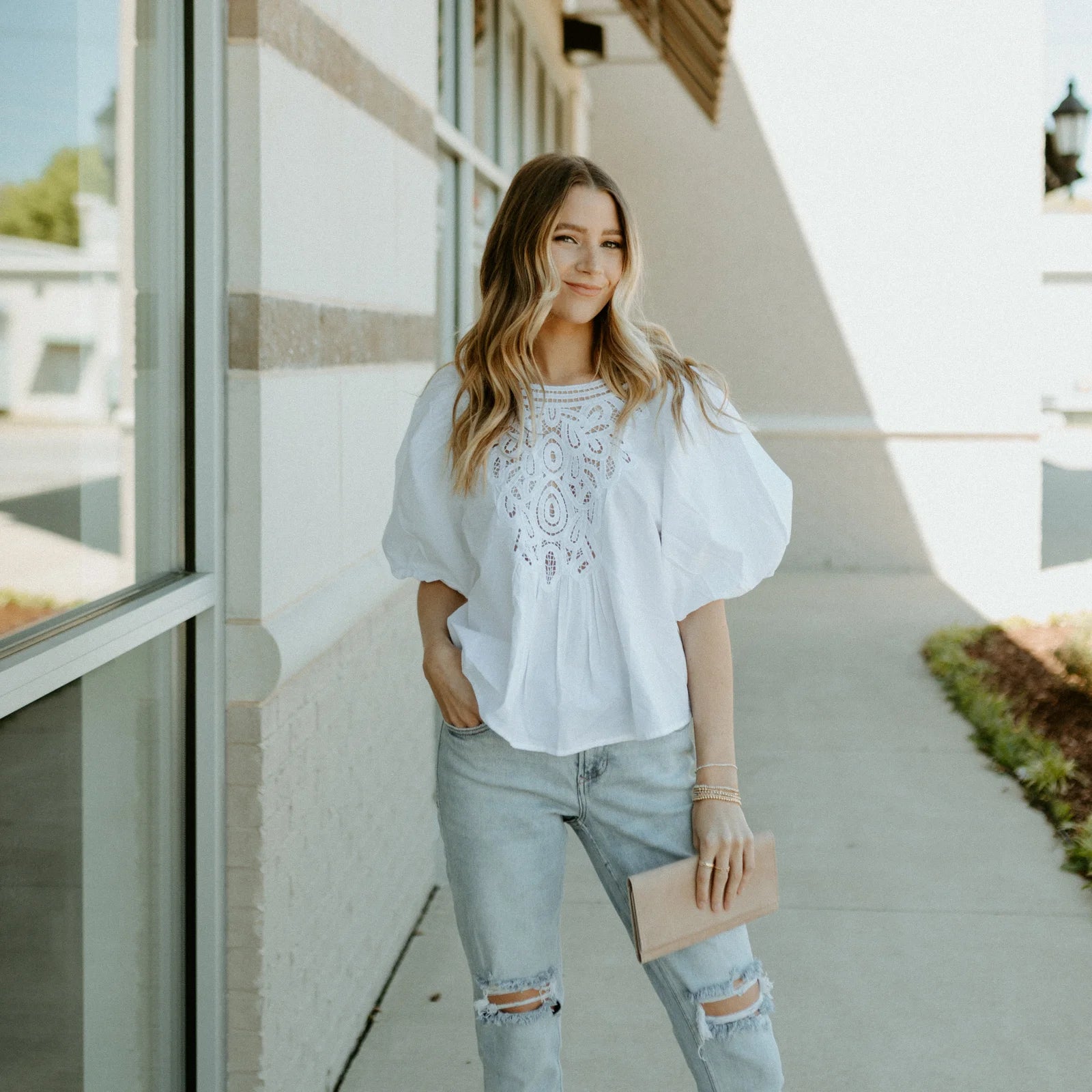 FREE PEOPLE Crochet Front BARDOT PuffSleeve Woven Top