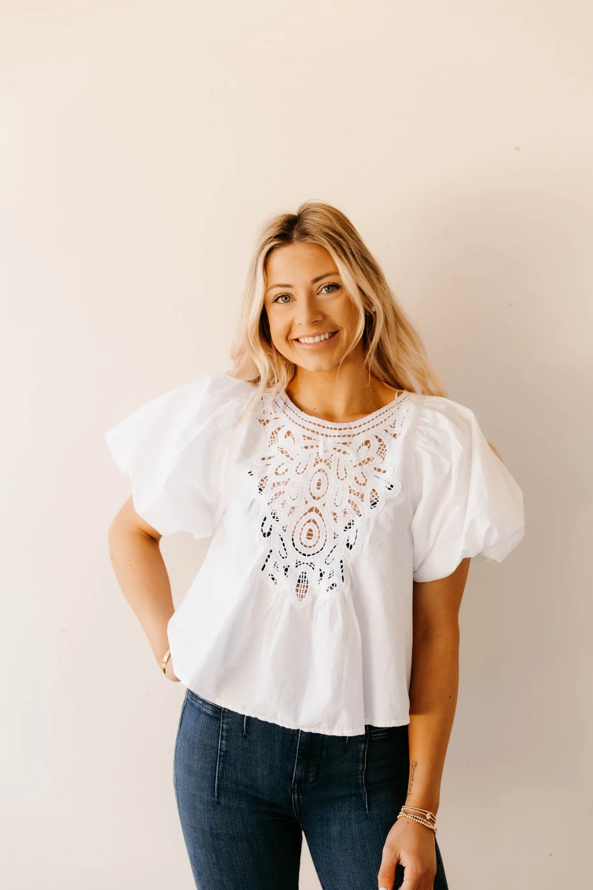 FREE PEOPLE Crochet Front BARDOT PuffSleeve Woven Top