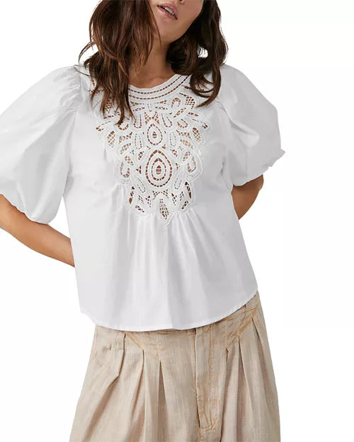 FREE PEOPLE Crochet Front BARDOT PuffSleeve Woven Top