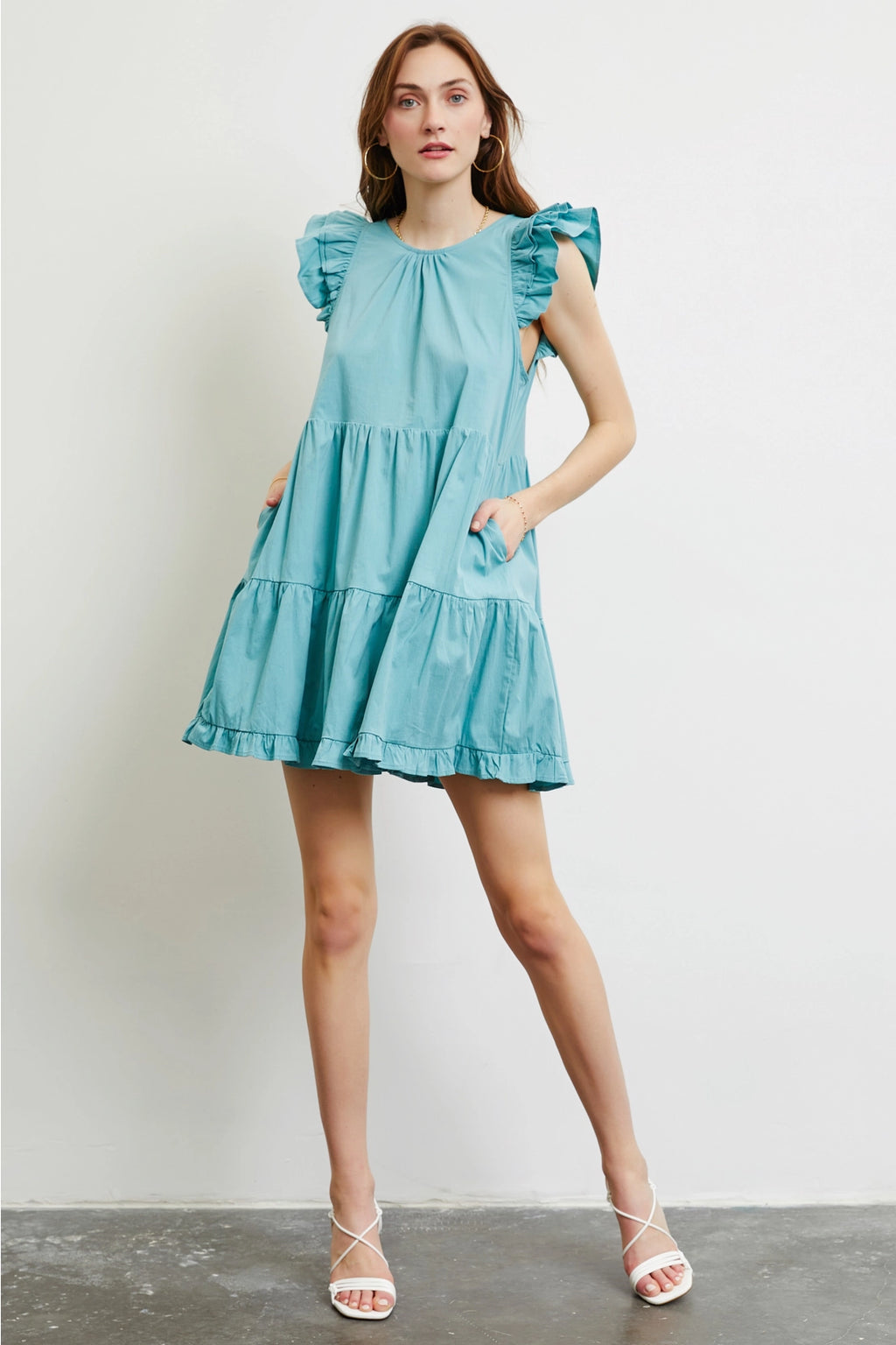 ARIEL Ruffle Sleeve Tiered Poplin Dress