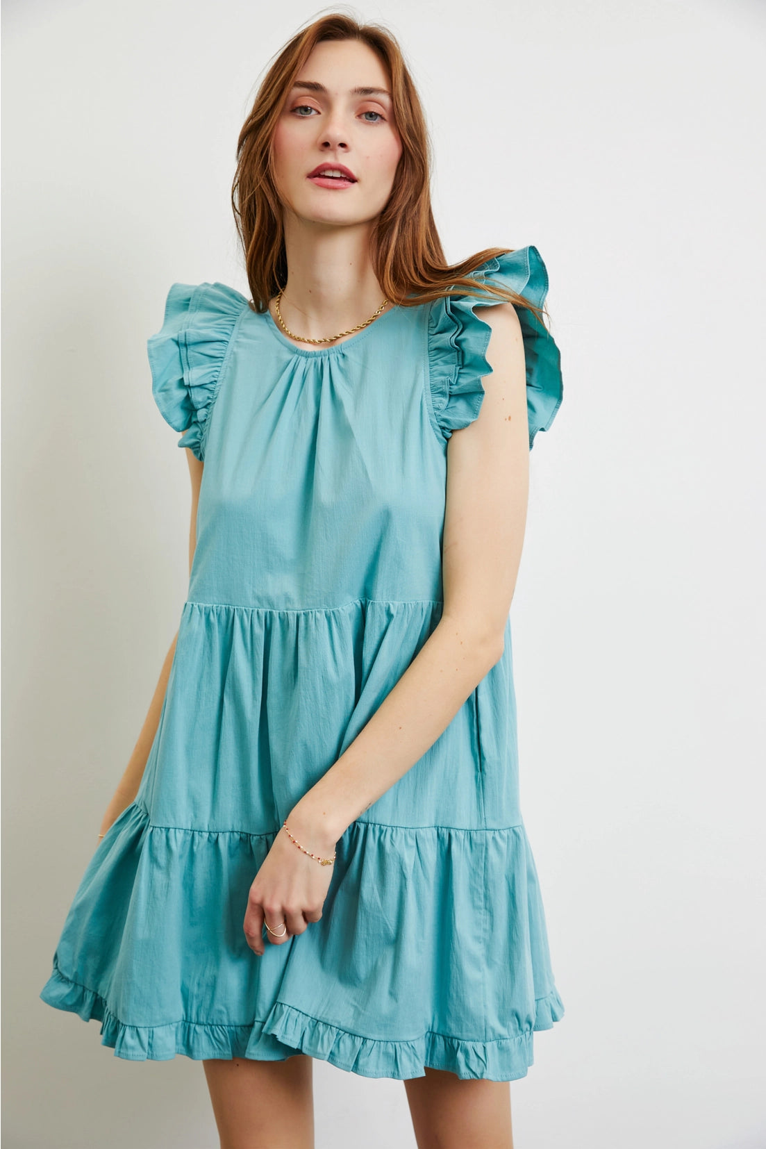ARIEL Ruffle Sleeve Tiered Poplin Dress