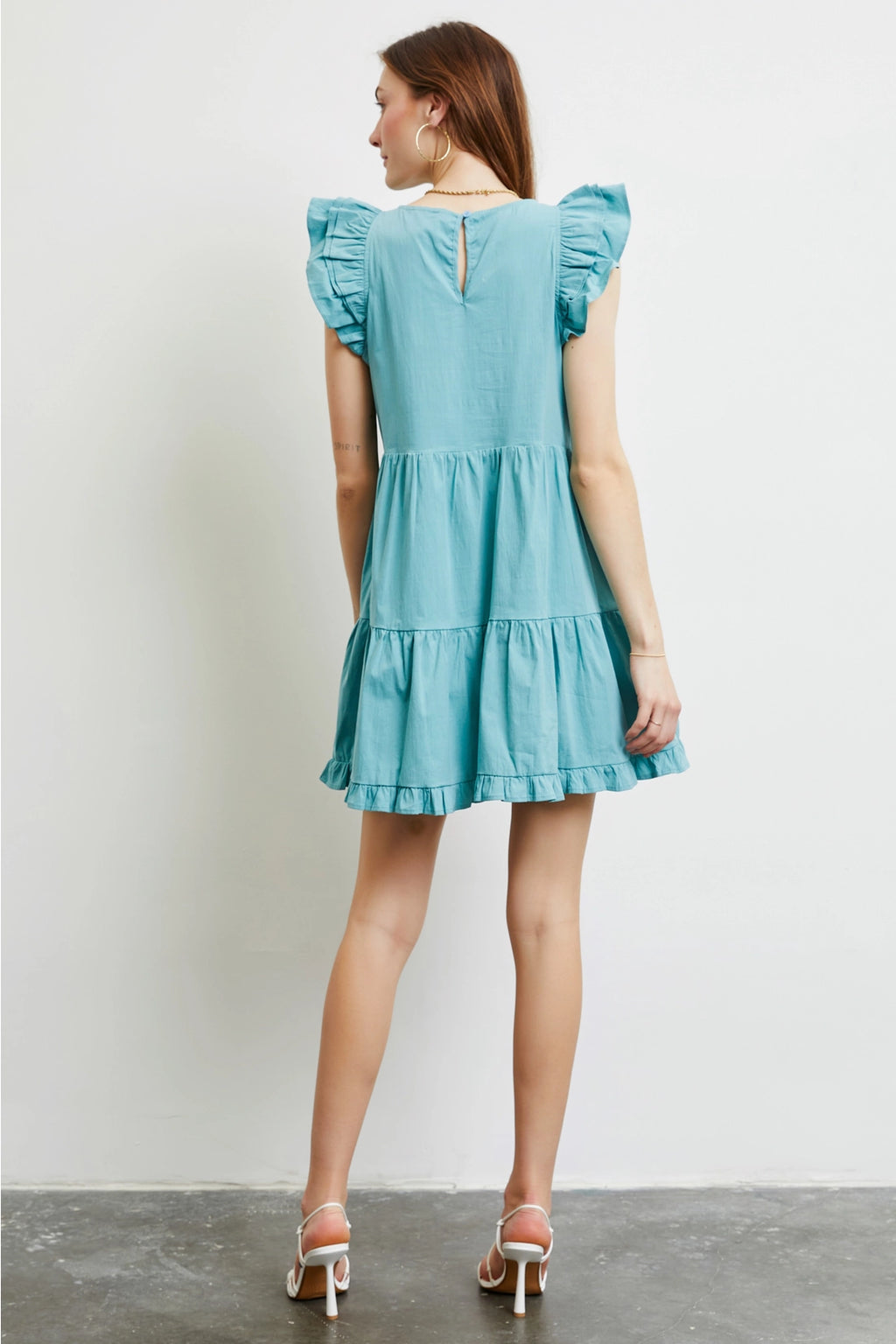 ARIEL Ruffle Sleeve Tiered Poplin Dress