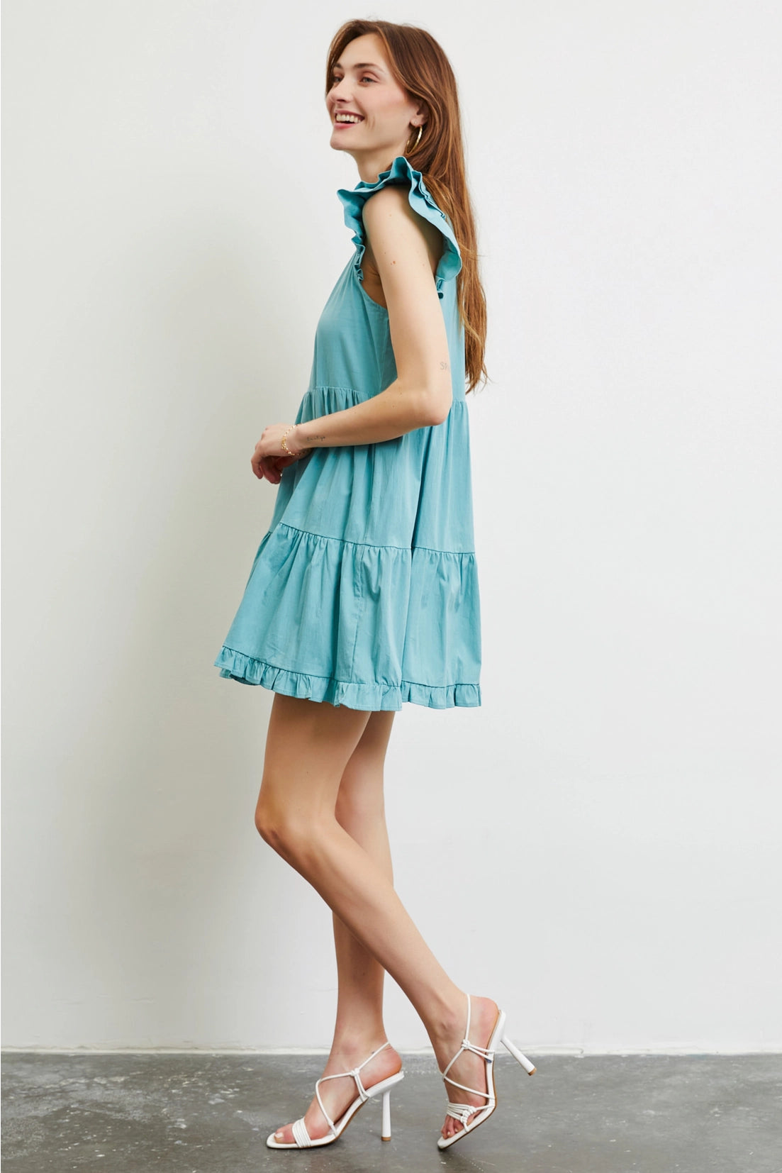 ARIEL Ruffle Sleeve Tiered Poplin Dress