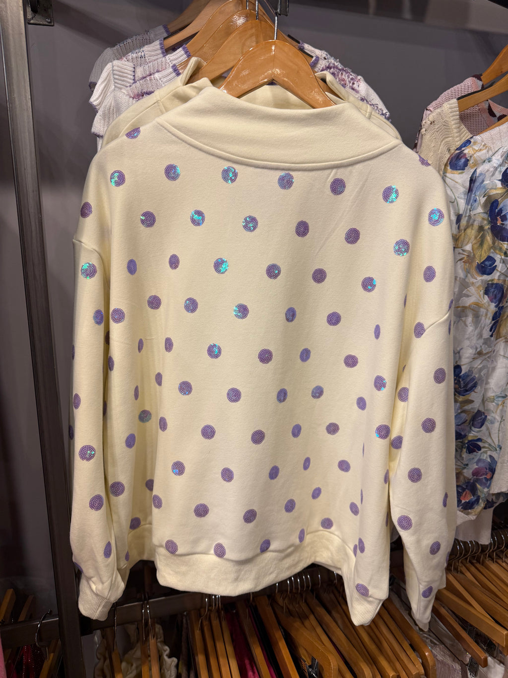 Queen of Sparkles Beige & Lavender Polka Dot Sparkle Logo Sweatshirt