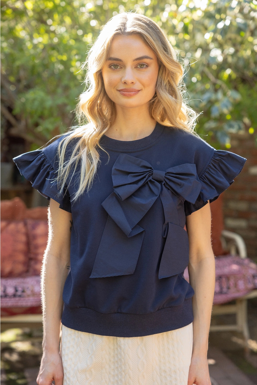 PANAM Contrast Ribbon Ruffle Sleeve French Terry Top