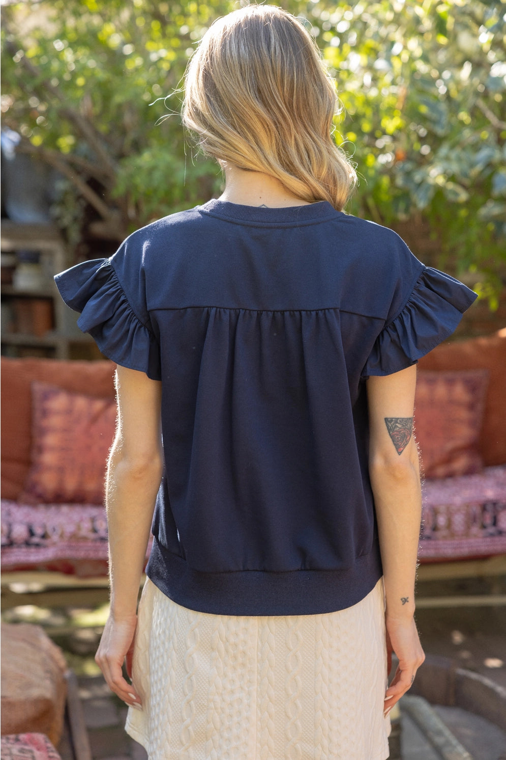 PANAM Contrast Ribbon Ruffle Sleeve French Terry Top