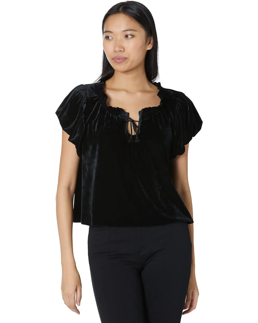 FREE PEOPLE Velvet TERESE Puff Sleeve Tie Neck Top
