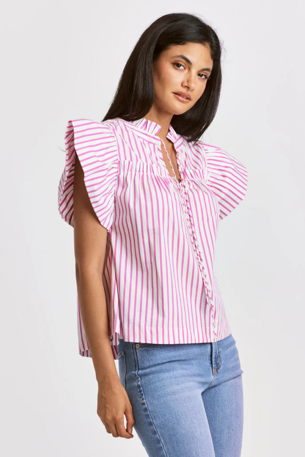 DEAR JOHN Stripe SIENA Ruffle Poplin Top