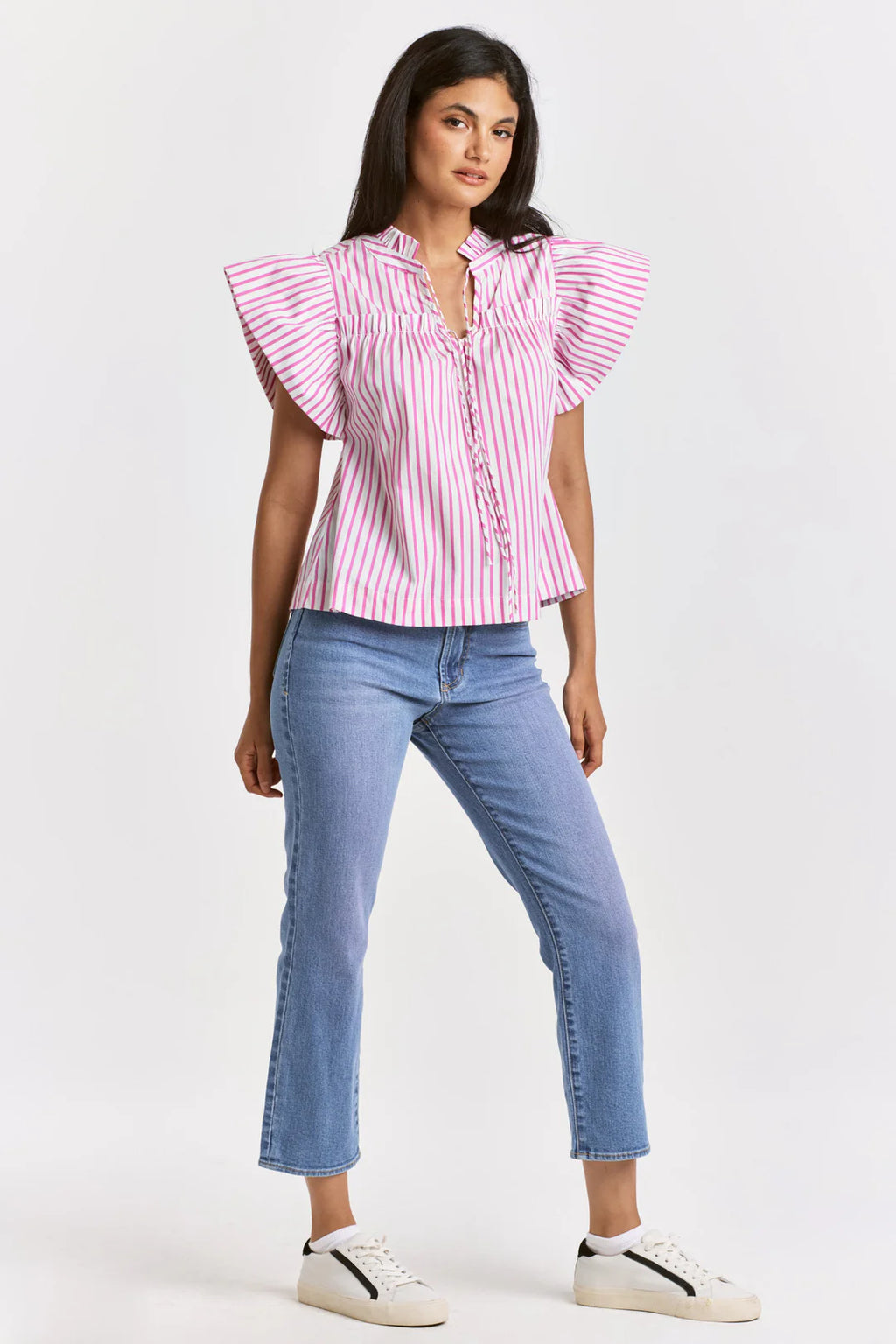 DEAR JOHN Stripe SIENA Ruffle Poplin Top