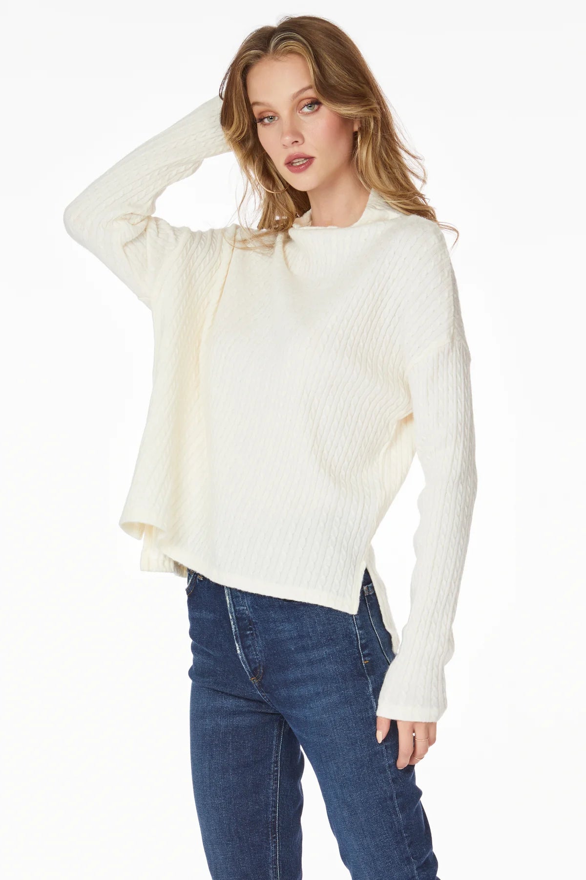 *BOBI CableKnit AMBIENCE HiLo MockNeck Top