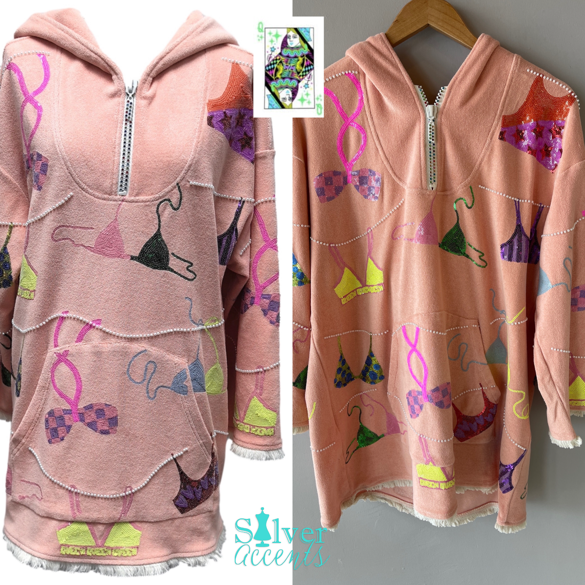 QUEEN OF SPARKLES Sequin HANGING SWIMSUITS Hooded TerryCloth Coverup