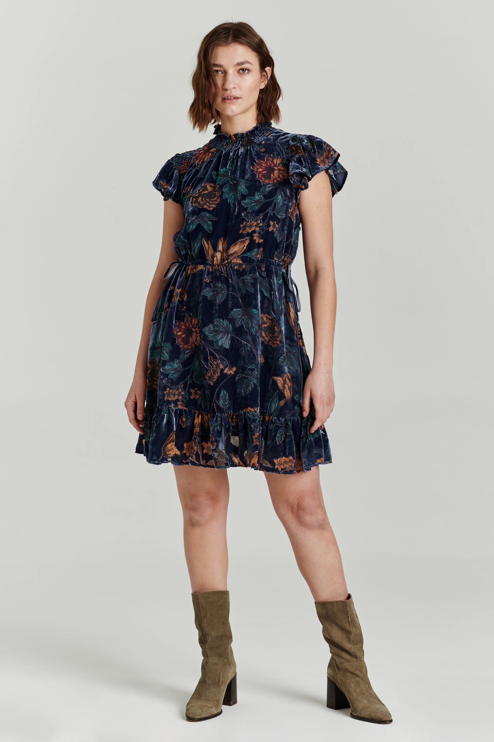 ANOTHER LOVE Velvet LAVINIA Floral High Neck Tie Waist Dress
