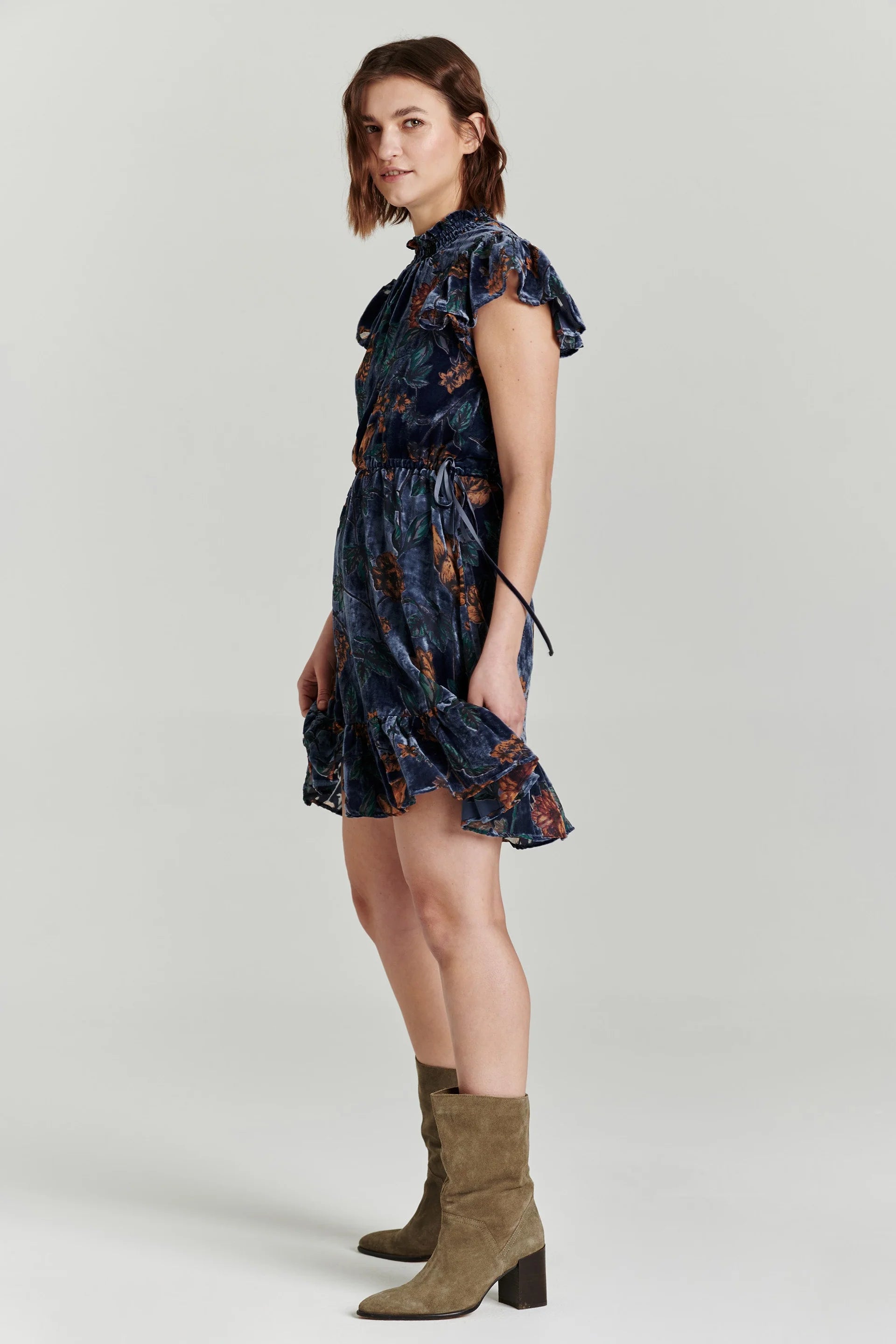 ANOTHER LOVE Velvet LAVINIA Floral High Neck Tie Waist Dress