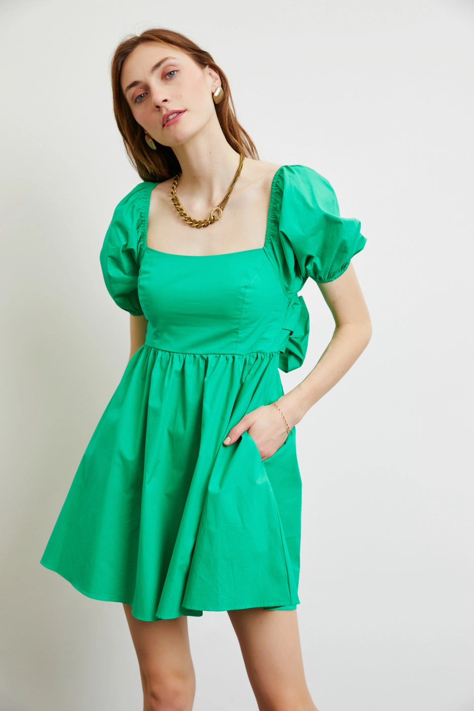 AURORA Puff Sleeve Bow Back Poplin Dress