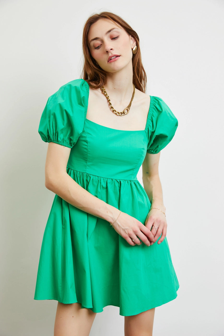 AURORA Puff Sleeve Bow Back Poplin Dress