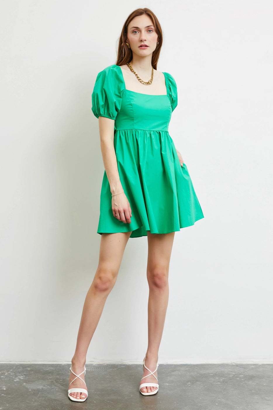 AURORA Puff Sleeve Bow Back Poplin Dress