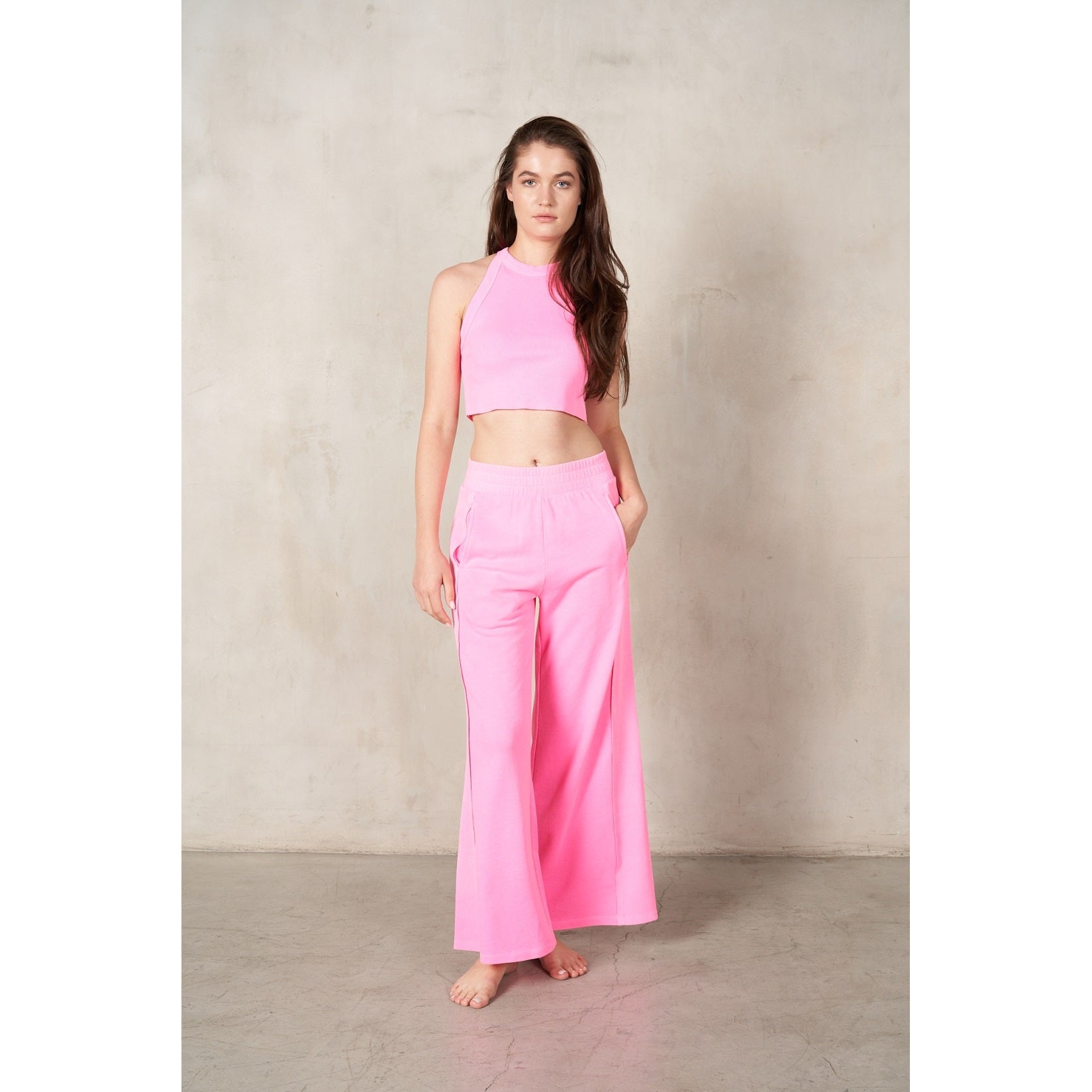 RISEN 2-Piece HalterNeck RibMix WideLeg Pant Set