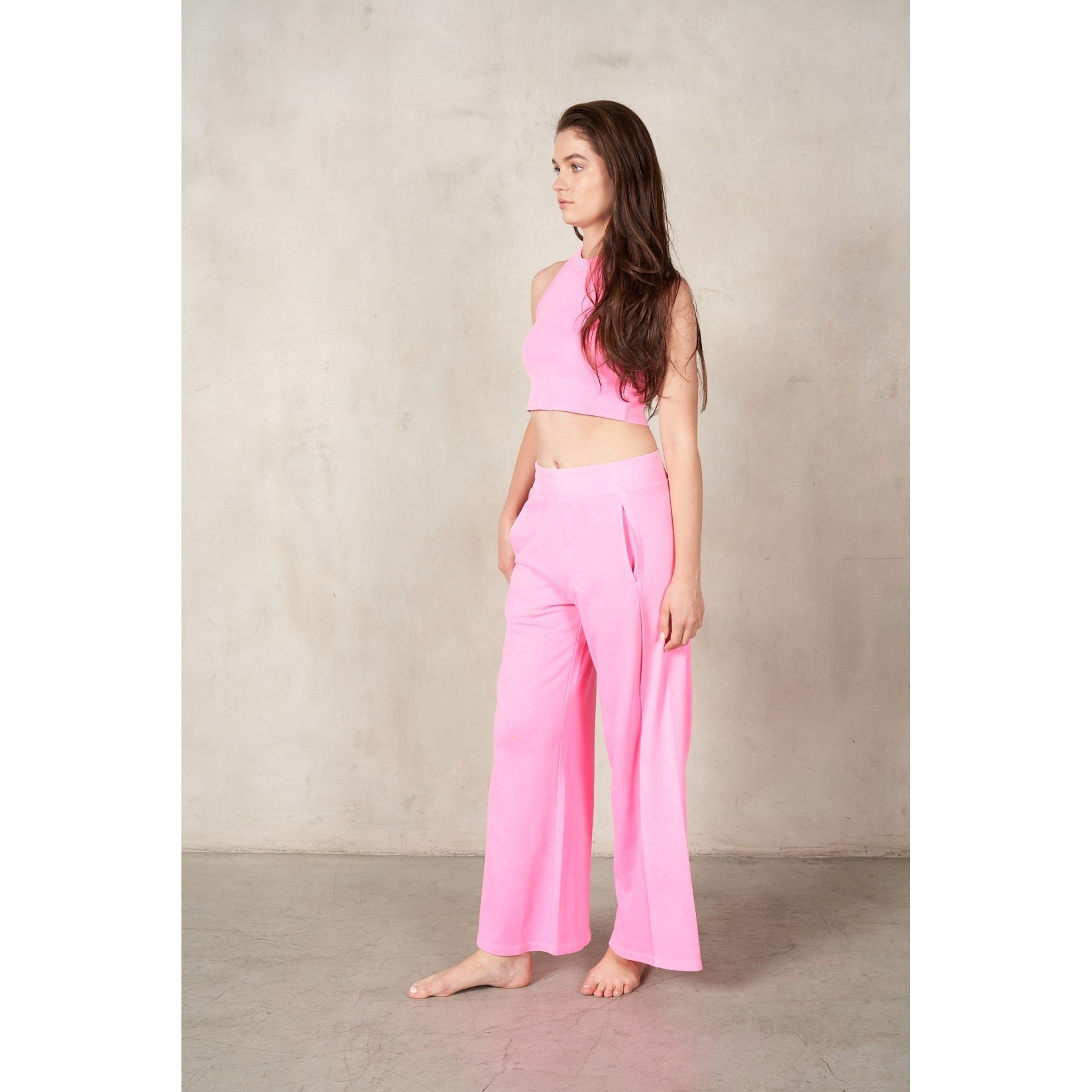 RISEN 2-Piece HalterNeck RibMix WideLeg Pant Set