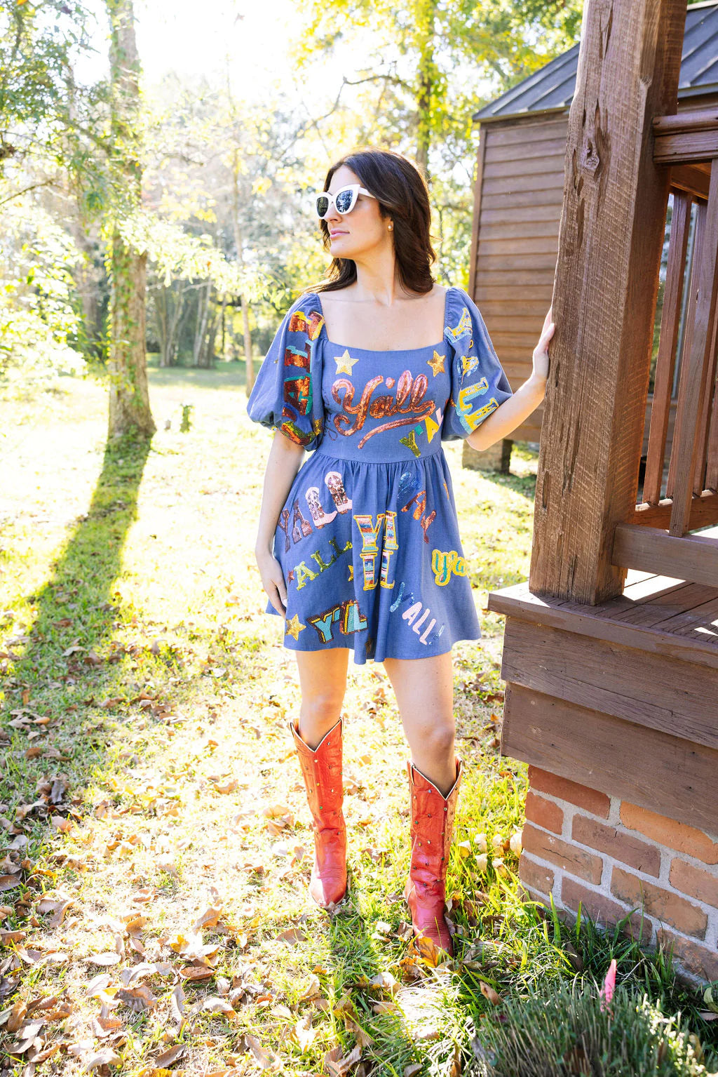 QUEEN OF SPARKLES Denim Y’ALL AllOver Sequin Dress