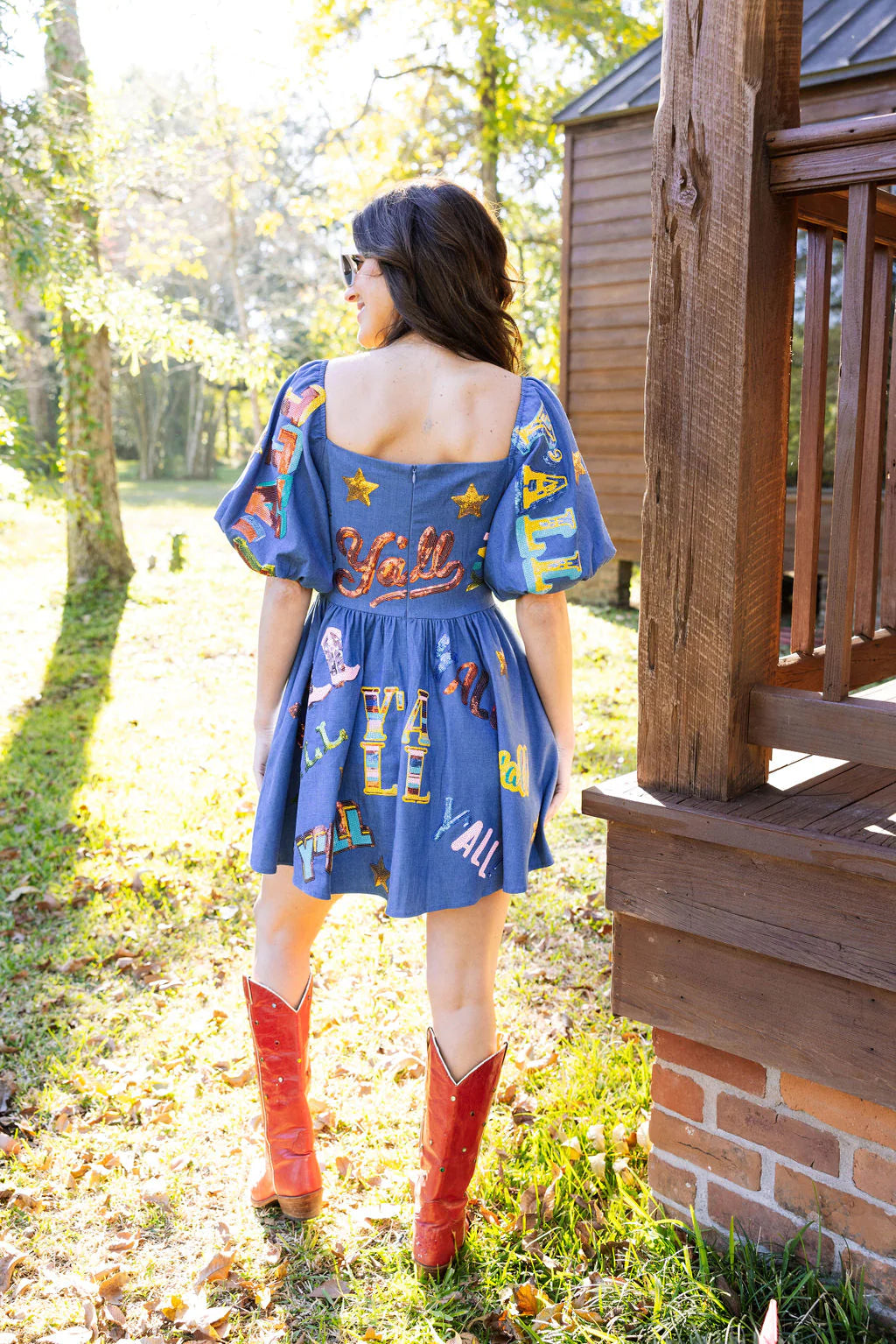 QUEEN OF SPARKLES Denim Y’ALL AllOver Sequin Dress