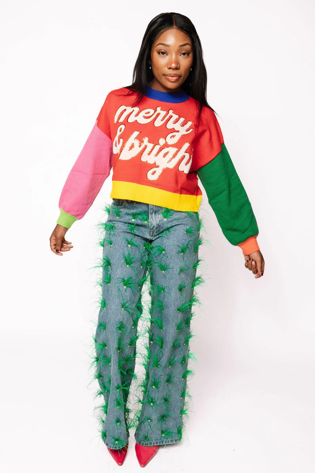 QUEEN OF SPARKLES ColorBlock Fuzzy MERRY & BRIGHT Sweater Top