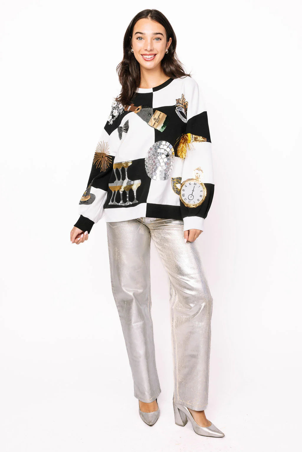 QUEEN OF SPARKLES Black & White Checkered NYE Icon Sweatshirt
