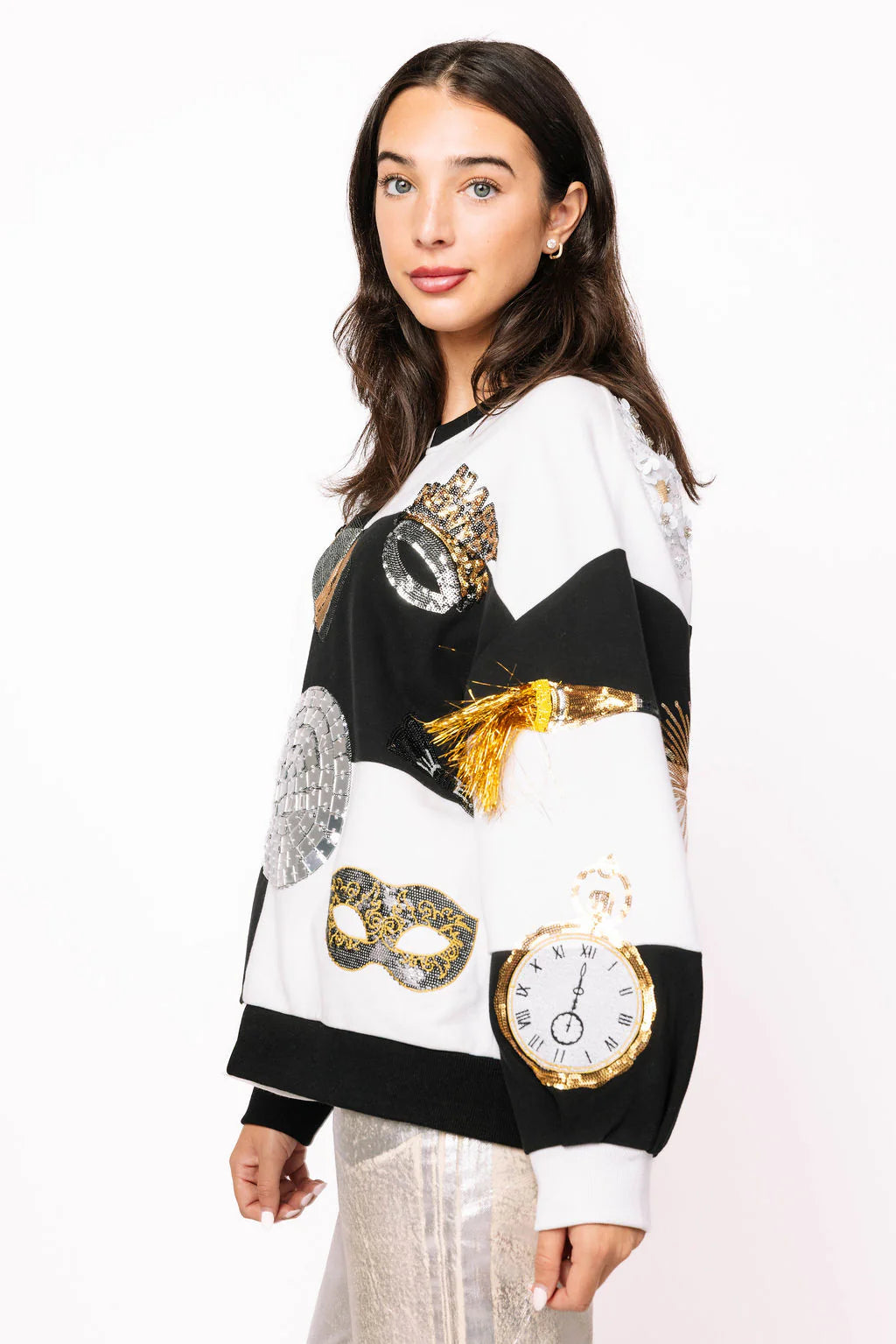 QUEEN OF SPARKLES Black & White Checkered NYE Icon Sweatshirt