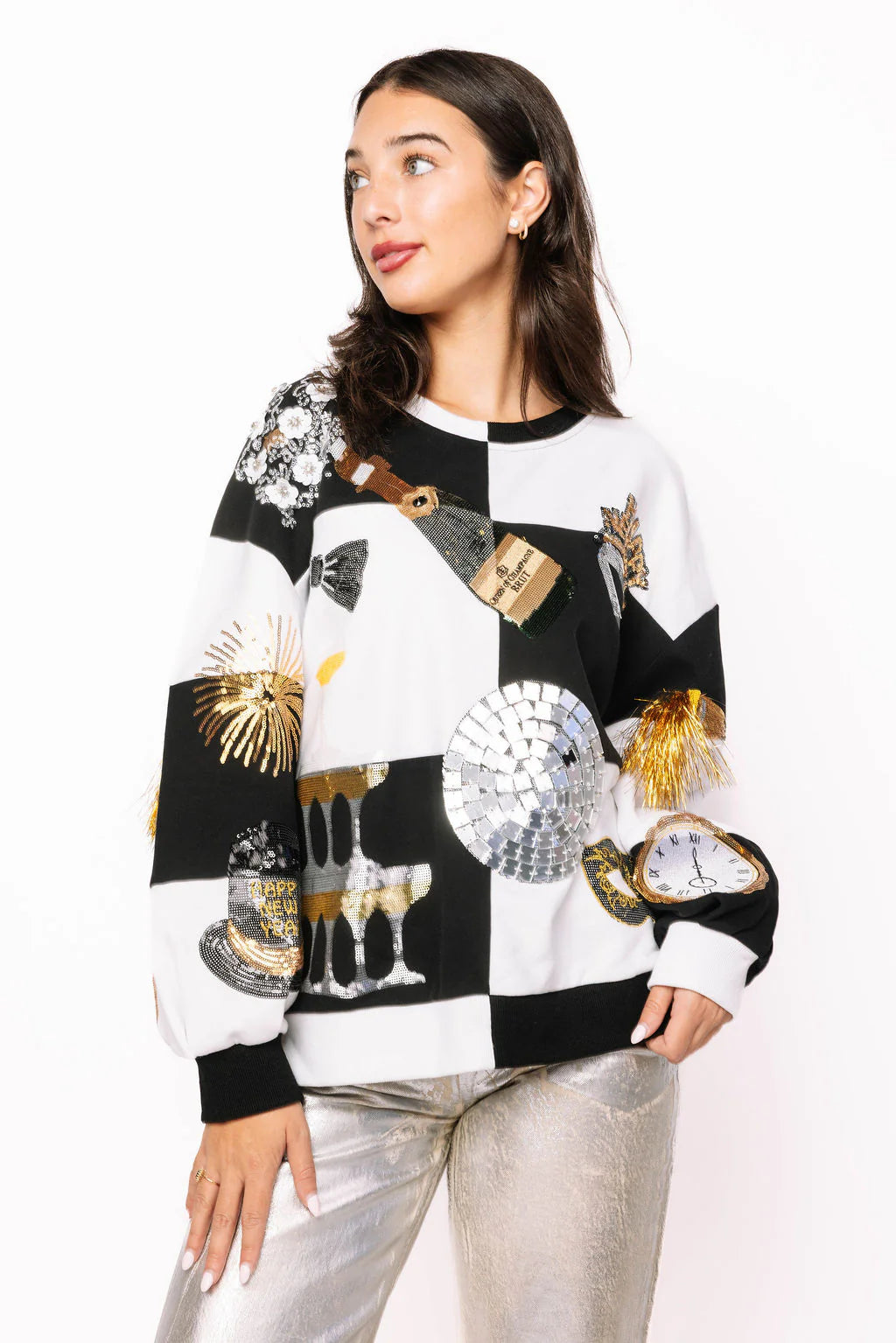QUEEN OF SPARKLES Black & White Checkered NYE Icon Sweatshirt