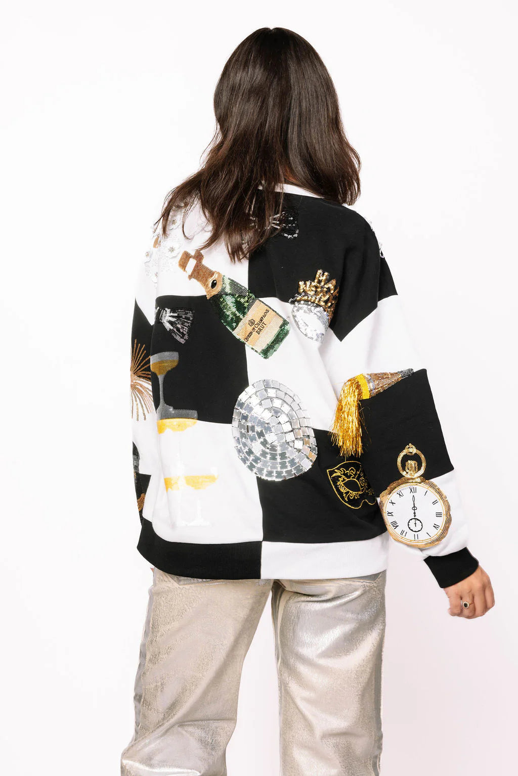 QUEEN OF SPARKLES Black & White Checkered NYE Icon Sweatshirt