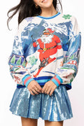 QUEEN OF SPARKLES White & Blue Vintage SKIING SANTA Sweatshirt Top
