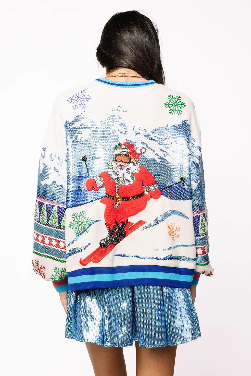 QUEEN OF SPARKLES White & Blue Vintage SKIING SANTA Sweatshirt Top
