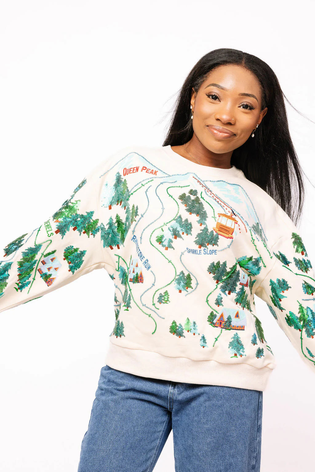 QUEEN OF SPARKLES Beige SPARKLE SLOPE Scenery Sweatshirt