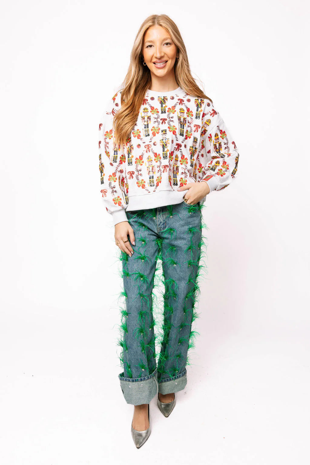 QUEEN OF SPARKLES Grey NUTCRACKER & CANDY CANE Sweatshirt