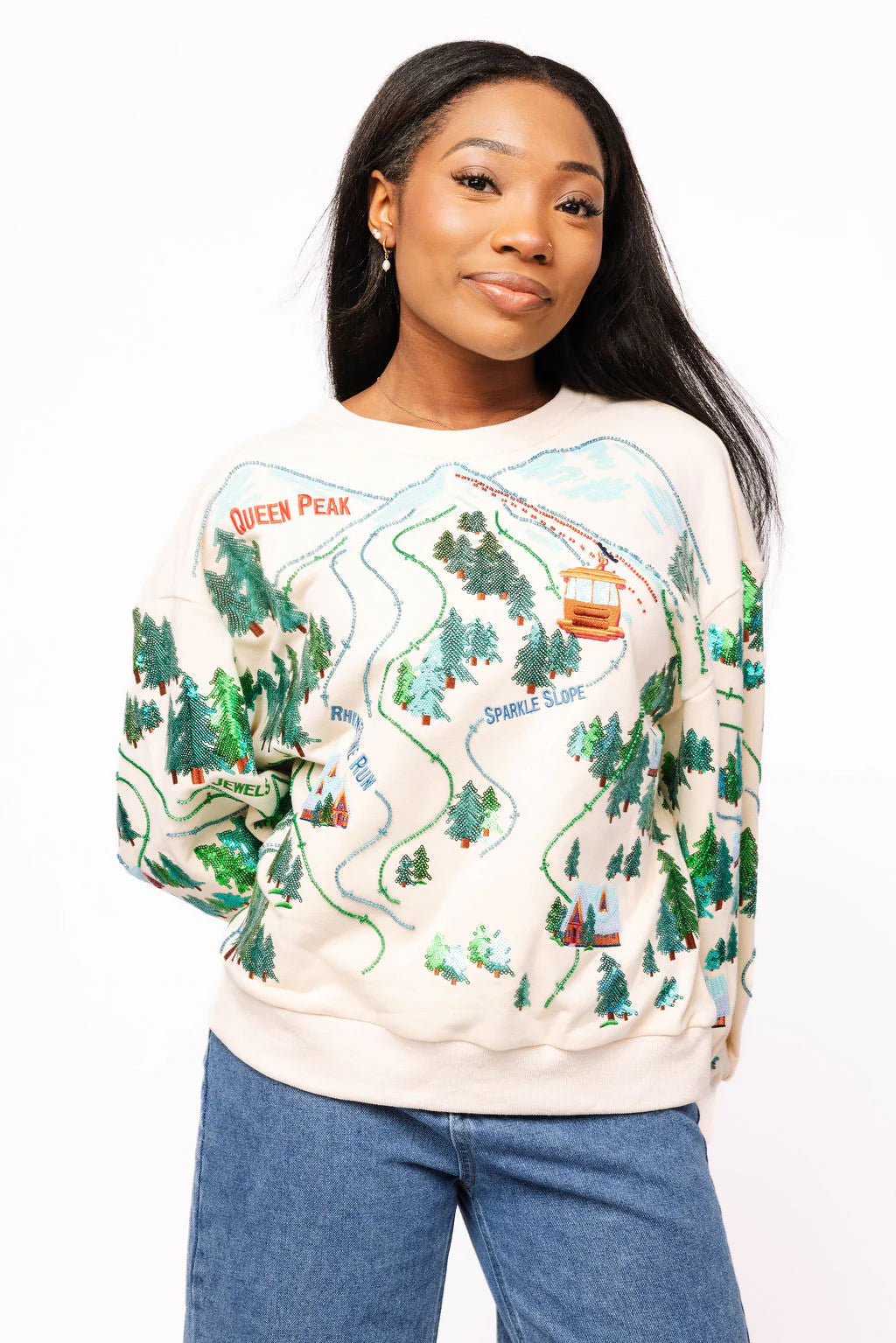 QUEEN OF SPARKLES Beige SPARKLE SLOPE Scenery Sweatshirt