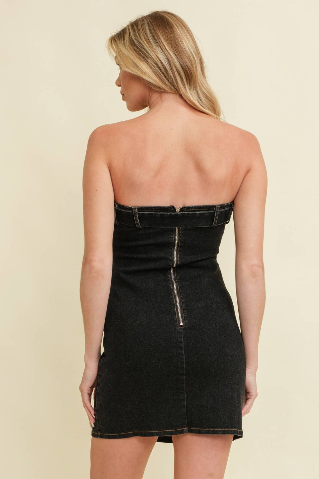 CD11882A - STRAPLESS BOW DETAIL DENIM MINI DRESS: Black Denim / S