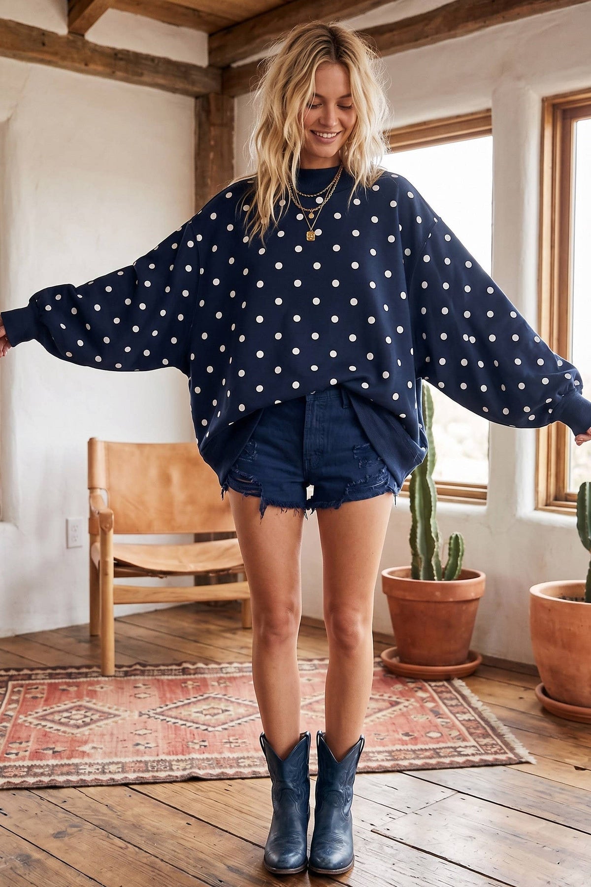 Oversized Polka Dot Scuba Pullover: BROWN/WHITE / L