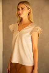 32292 V neck Ruffle Sleeve PU Top: Beige / L