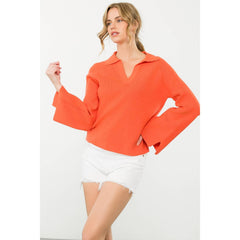 ALEXA Collared Rib Knit Long Sleeve Top