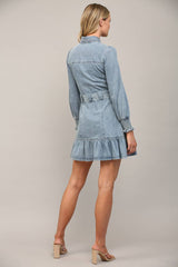 MERITT Belted Washed Denim LongSleeve Dress