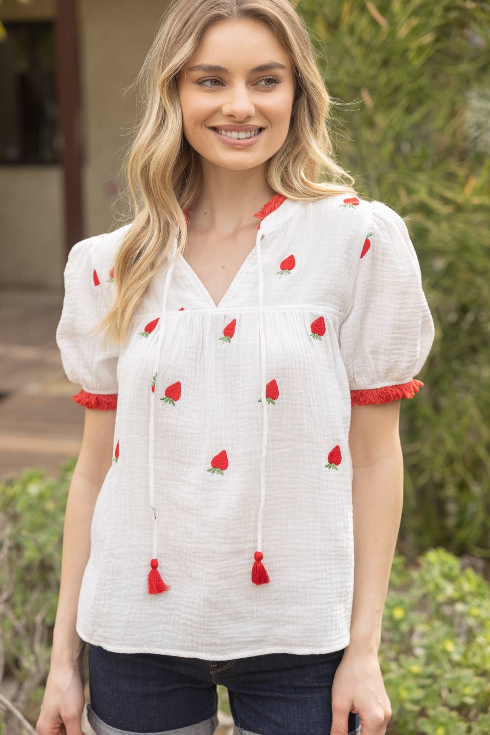 NORA Strawberry Embroidery Gauze Top
