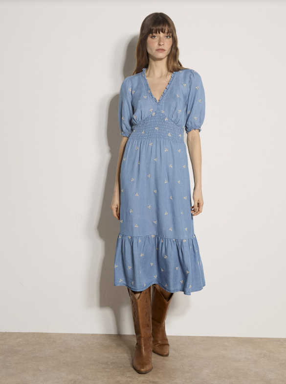 APRICOT Embroidered Denim Tea Dress