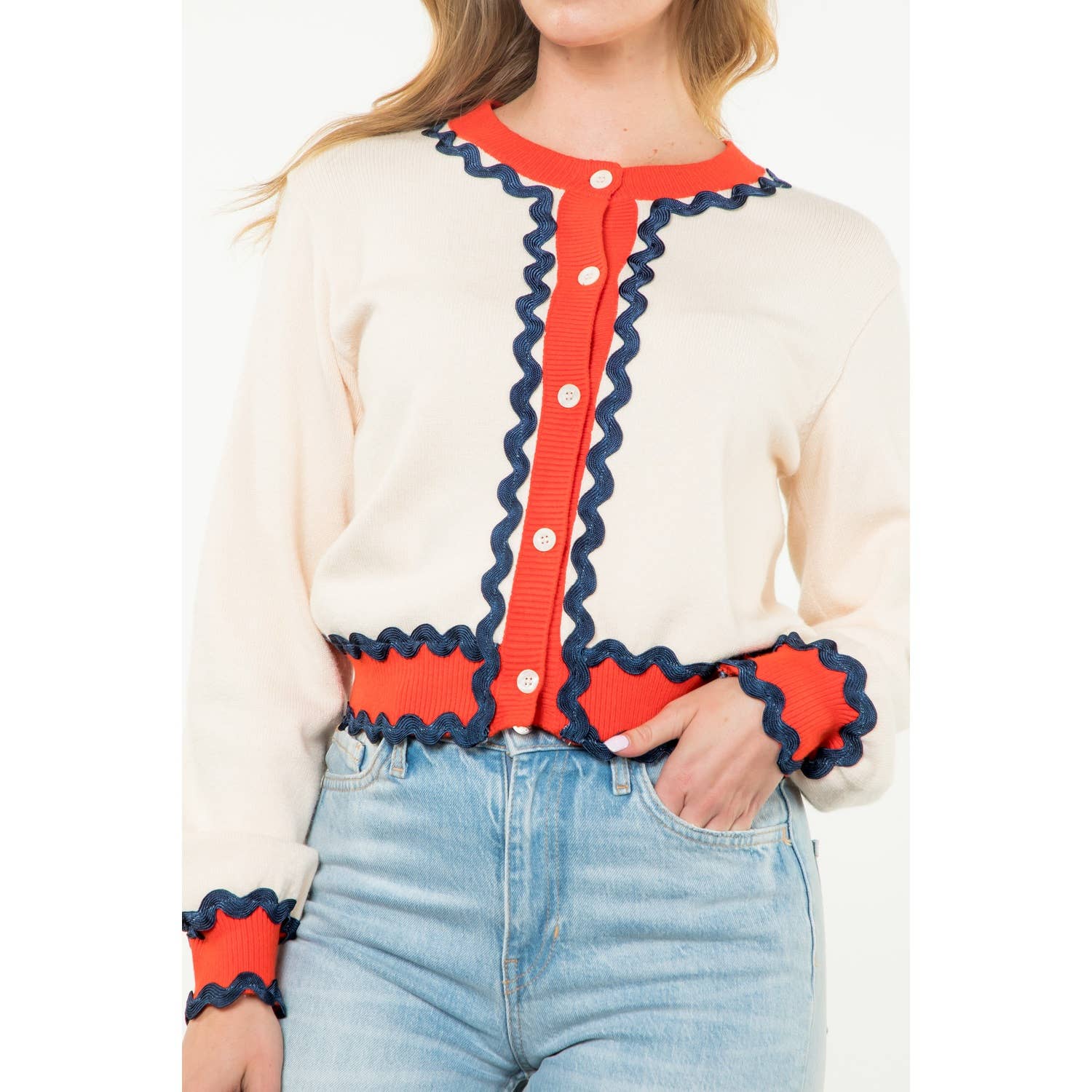 SHAI Ricrac Trim ButtonUp Knit Cardigan Top