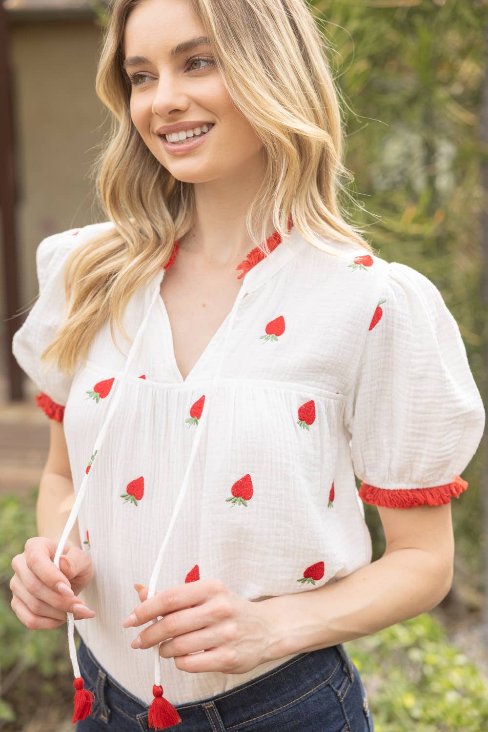NORA Strawberry Embroidery Gauze Top